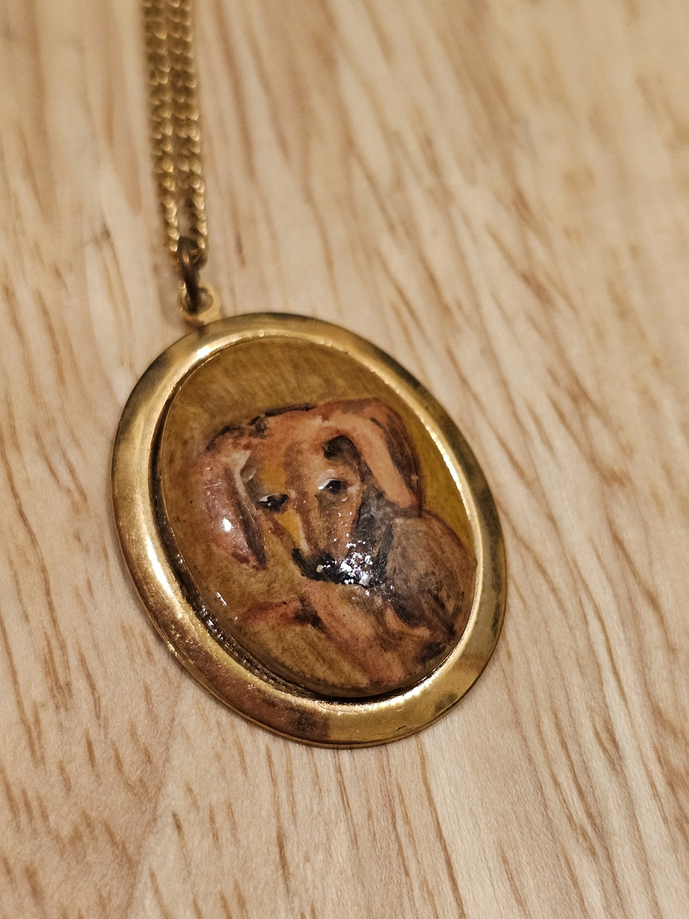 Vintage Estate Oval Dog Portrait Miniature Pendant Necklace Boho